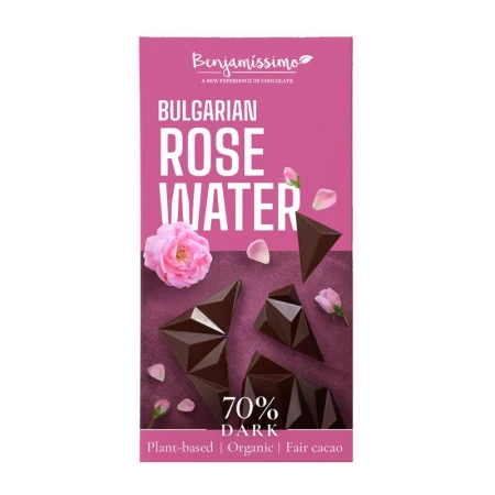 Ciocolata neagra 70% cu apa de trandafir, bio, 60g, Benjamissimo