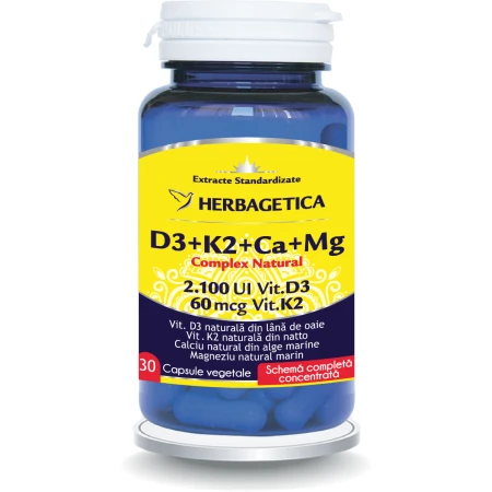 Complex Natural D3+K2+Ca, 30 capsule vegetale, Herbagetica