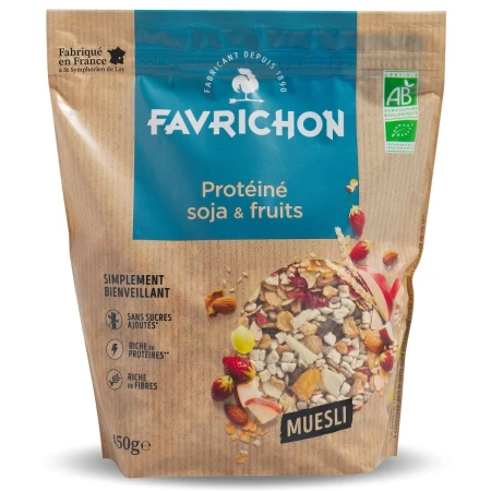 Musli bio fara zahar cu 40% proteine, soia si fructe, 450g, Favrichon