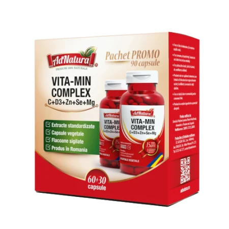 Pachet Complex VITA-MIN C+D3+Zn+Se+Mg, 60+30 capsule, AdNatura