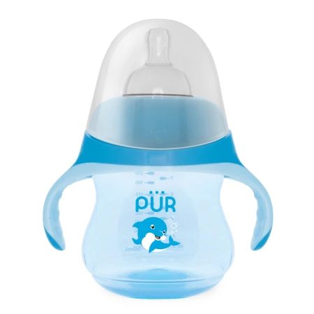 Biberon cu manere tip delfin albastru +6 luni, 230ml, PUR