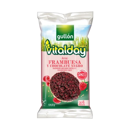 Orez expandat fara gluten cu ciocolata neagra si zmeura Vitalday, 104.8g, Gullon