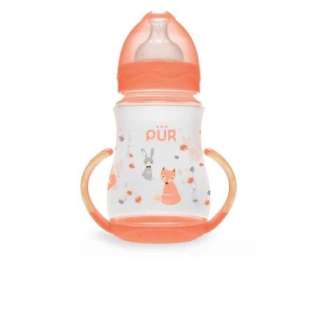 Biberon cu gura larga desen si manere +6luni, 250ml, PUR