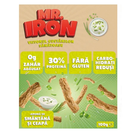 Snack cu 30% proteina fara zahar low-carb gluten free Smantana si Ceapa Tojos, 100g, Mr. Iron