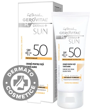 Crema de fata cu tenta aurie SPF 50 H3 Derma+ Sun, 50ml, Gerovital