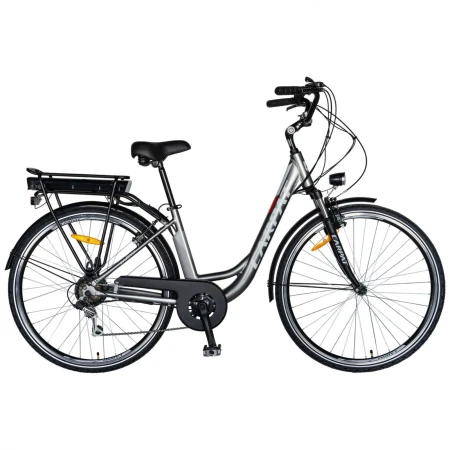 Bicicleta electrica City (E-BIKE) CARPAT C1010E, roata 28  , cadru aluminiu, frane V-Brake, transmisie SHIMANO 7 viteze, culoare gri alb