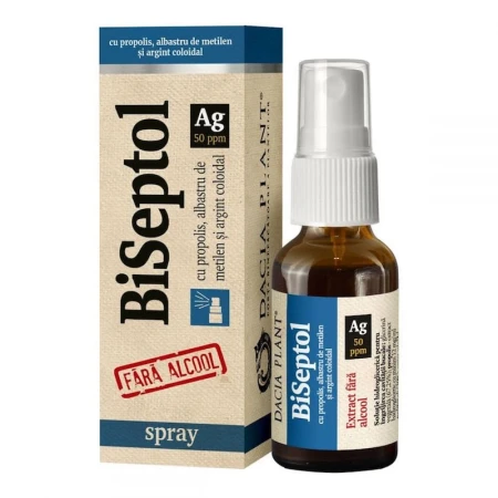 BiSeptol  cu Propolis, Albastru de metilen, Argint coloidal, fara alcool spray, 20 mililitri, Dacia Plant