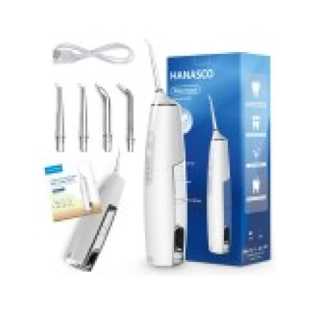 Irigator Bucal, Hanasco, H100, fara fir, 4 Varfuri Incluse, 3 Programe, Rezevor 200ml, 1700 pulsatii/min, 30-100psi, Alb