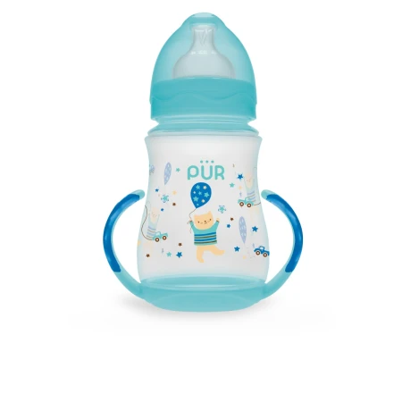 Biberon cu gura larga si manere +6luni, 250ml, PUR