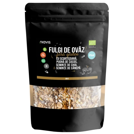 Fulgi de ovaz fini fara gluten cu scortisoara, cocos, chia si seminte de canepa Eco, 200g, Niavis