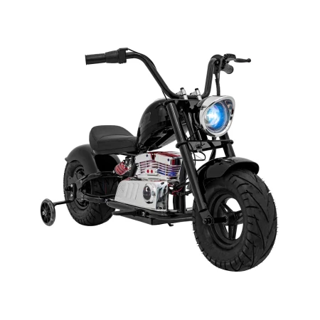 Motocicleta pentru copii intre 5 si 9 ani, Kinderauto Old School, 300W, 24V, cu roti gonflabile, scaun tapitat, premium, negru