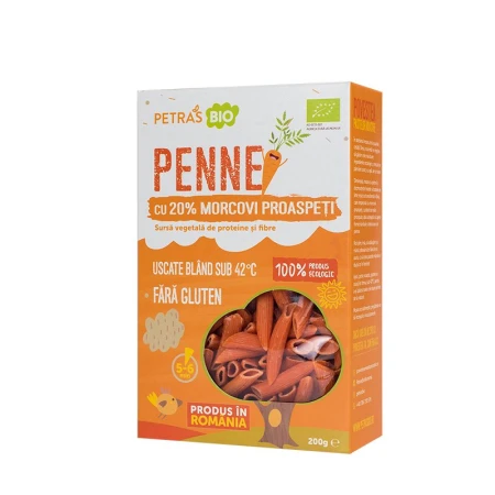 Penne eco cu 20% morcovi proaspeti Petras Bio, 200g