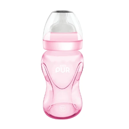Biberon cu gura larga roz +6luni, 250ml, PUR