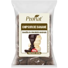 Chipsuri de banane invelite in ciocolata amaruie, 100g, Pronat
