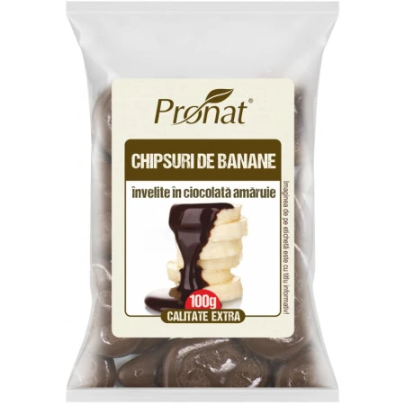Chipsuri de banane invelite in ciocolata amaruie, 100g, Pronat