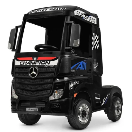 Camion electric pentru copii Mercedes ACTROS, tractiune 4x4, 180W, 12V, roti moi EVA, telecomanda, echipare Premium, negru