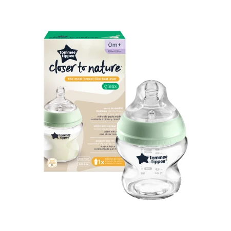 Biberon din sticla cu tetina din silicon Closer to Nature 0 luni+, 150ml, Tommee Tippee