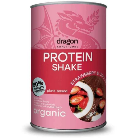 Shake proteic capsuni si cocos 50% proteine bio, 450g, Dragon Superfoods