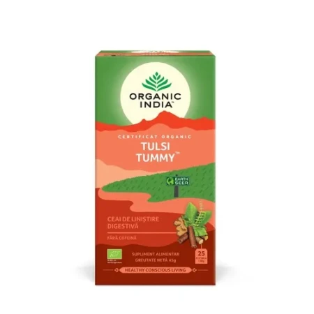 Ceai Eco Digestiv cu Plante Liniștitoare și Condimente Tulsi Tummy, 25plicuri, Organic India