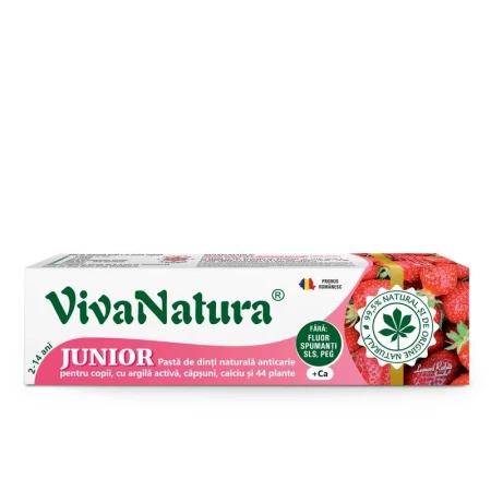 Junior Capsuni - pasta de dinti naturala pentru copii cu argila activa, capsuni, calciu si 44 plante, fara fluor, 80ml, VivaNatura