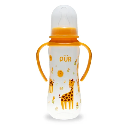 Biberon cu desen si manere galben +6 luni, 250ml, PUR