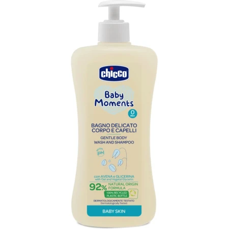 Gel de dus si sampon 2 in 1 fara lacrimi Baby Moments Baby Skin 0 luni +, 500ml, Chicco