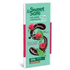 Ciocolata amaruie cu indulcitor natural de stevia Sweet&Safe, seminte de canepa, zmeura, 90 g, Sly Nutritia