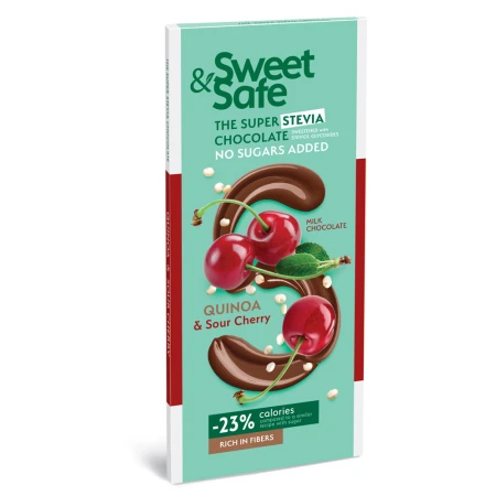 Ciocolata cu indulcitor natural de stevia Sweet&Safe, quinoa si visine, 90g, Sly Nutrition