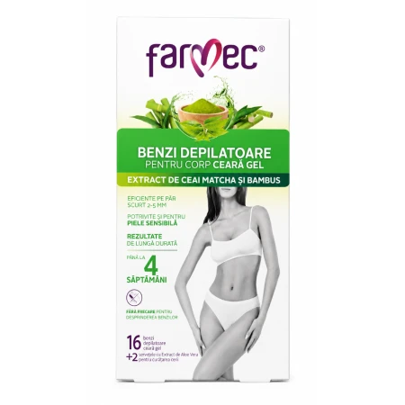 Benzi depilatoare pentru corp cu ceara gel, 16 benzi + 2 servetele, Farmec