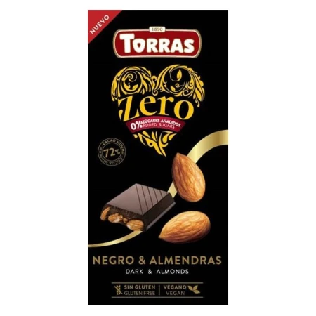 Ciocolata neagra cu migdale fara zahar si gluten 72% cacao Zero, 150g, Torras