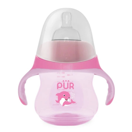 Biberon cu manere tip delfin roz +6luni, 230ml, PUR