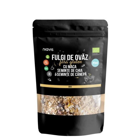 Fulgi de ovaz fini fara gluten cu maca, chia si seminte de canepa Eco, 200g, Niavis