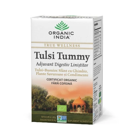 Ceai Digestiv Tulsi (Busuioc Sfant) Tummy cu Ghimbir, Plante Savuroase si Condimente, eco, 32.4 gr, Organic India