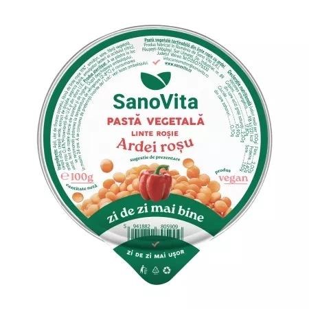 Pasta vegetala tartinabila din linte rosie cu ardei si ceapa VegieLife, 100g, SanoVita