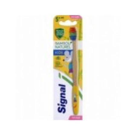 Periuta de Dinti pentru Copii, Signal, Bamboo Kids, Efect Multi-Protectie, Varsta 5+ Ani, Soft, Maner Lemn si Peri Colorati