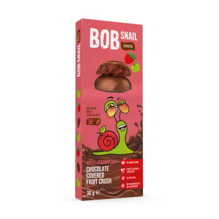 Snack fructat din mere si capsuni in ciocolata cu lapte, 30g, Bob Snail