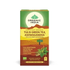 Ceai Tulsi (Busuioc Sfant) Ceai Verde Ashwagandha - Ceai Adaptogen Antistres si Anxiolitic, eco, 25 de plicuri, Organic India