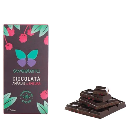 Ciocolata amaruie 70% cu zmeura si indulcitor, 100g, Sweeteria