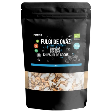 Fulgi de ovaz fini fara gluten cu pudra si chipsuri de cocos Eco, 200g, Niavis