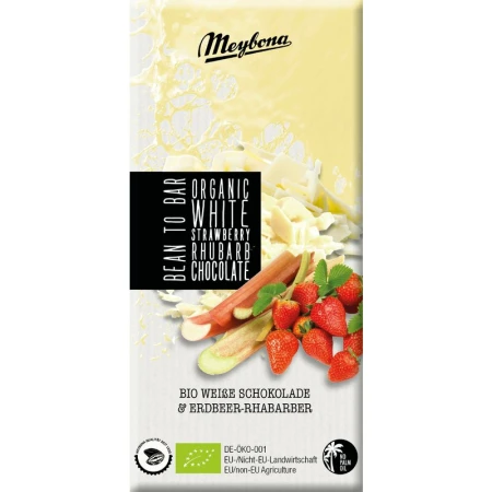 Ciocolata alba cu capsuni si rubarba, bio, 100g, Meybona