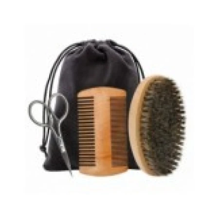 Set Ingrijire Barba si Mustata, Zamo®, Perie Lemn, Foarfeca, Pieptan Lemn cu Doua Fete, Saculet de Transport, Culoare Maro
