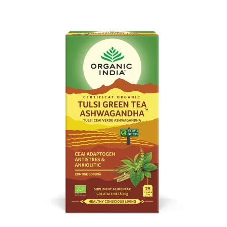 Ceai Tulsi (Busuioc Sfant) Ceai Verde Ashwagandha - Ceai Adaptogen Antistres si Anxiolitic, eco, 25 de plicuri, Organic India