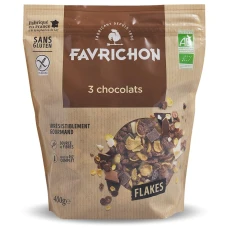 Fulgi bio crocanti cu 3 feluri de ciocolata, 400g, Favrichon