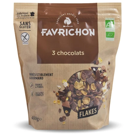 Fulgi bio crocanti cu 3 feluri de ciocolata, 400g, Favrichon