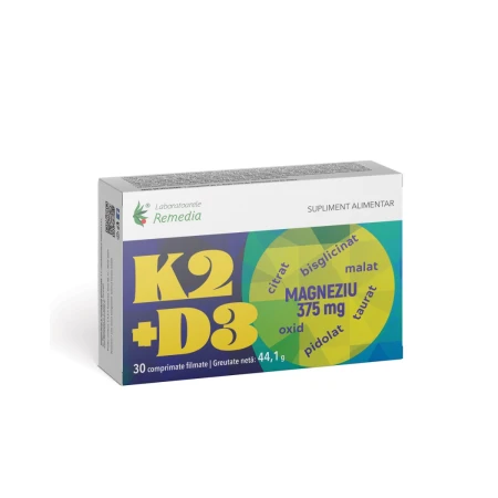 K2 + D3 + Magneziu 375mg, 30 comprimate, Laboratoarele Remedia