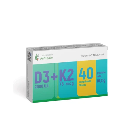 Vitamina D3 2000 UI + Vitamina K2 75 mcg, 40 comprimate filmate, Laboratoarele Remedia