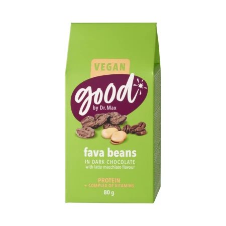 Good by Dr. Max® Fasole Fava in ciocolata neagra cu aroma de Latte Macchiato, 80g